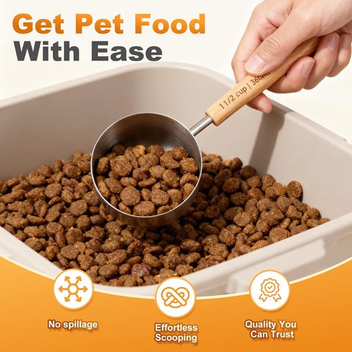 TREMENDRY 1PCS 1-1/2Cup(360ml | 12oz) Dog Cat Food Scoop, 18/8(304) Stainless Steel Measuring Cup with Wooden Handle, Etched Measurements Inside, BPA Free Portion Control for Pets & Kitchen Use