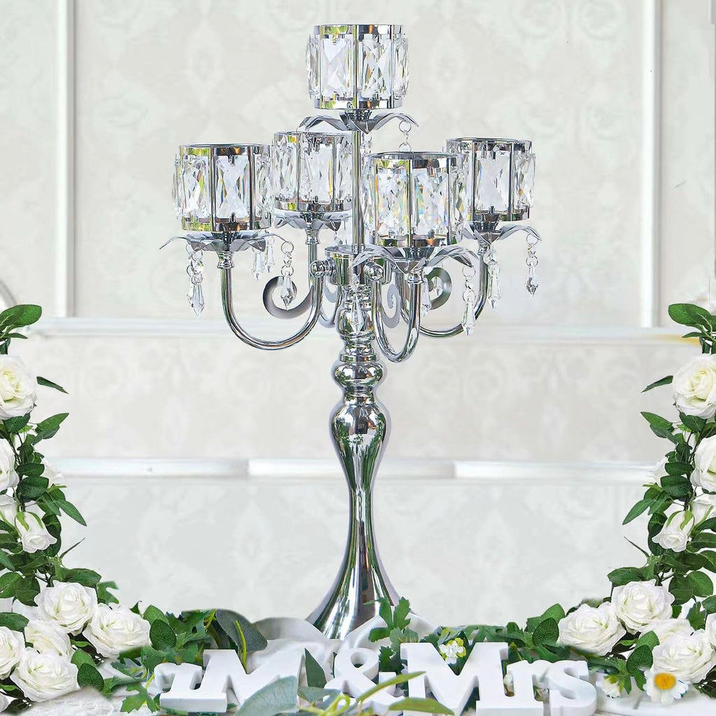 Regine Switzerland Silver 5-Arm Crystal Candle Holder - 22-Inch Elegant Table Centerpiece for Weddings & Home Decor