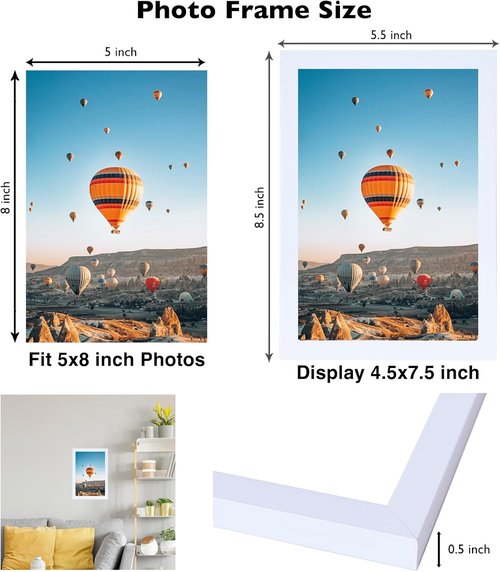 JCJMY 5x8 Picture Frame - White Wall Hanging & Tabletop Display | Shatter-Resistant Plexiglass