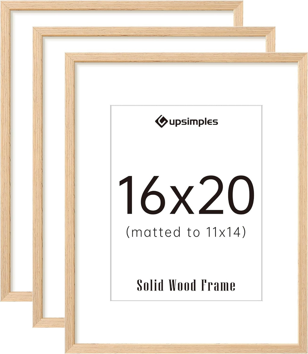 Upsimples 16x20 Picture Frames - Set of 3 Natural Solid Wood for 11x14 with Mat or 16x20 Without