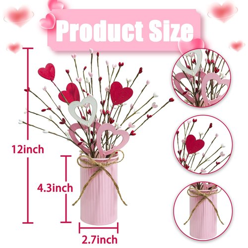 Agusbagli Valentines Day Decor Valentine Flowers Picks with Vase Valentines Day Artificial Berry Stems in Pink Metal Pot for Anniversary Wedding Table Centerpieces