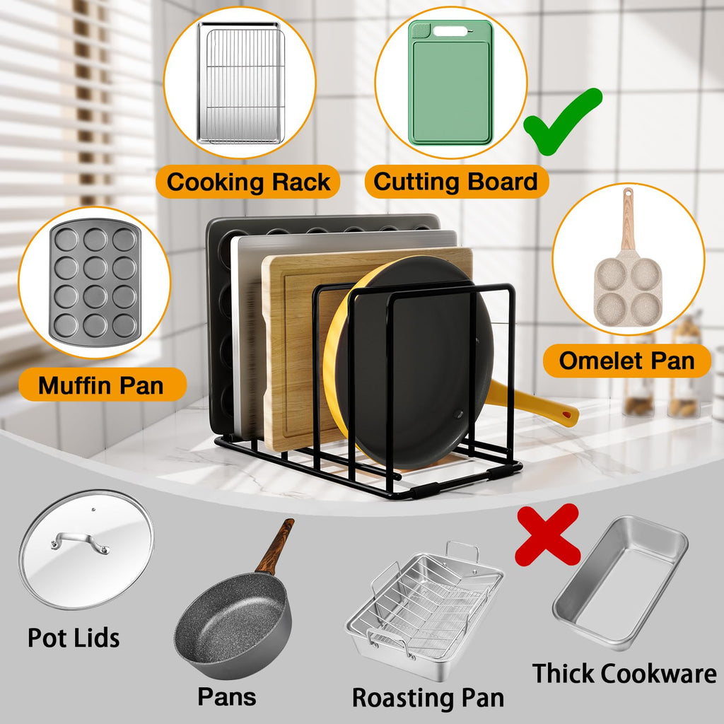 WUGEUSCH Kitchen Pan Organizer and Pot Rack, 5-Slot Steel Holder for Thin Pans, Baking Trays, and Cutting Boards - Space-Saving Storage