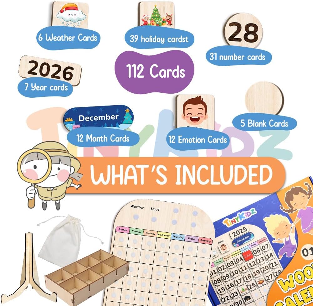 TinyKidz Wooden Calendar - Educational Toddler Calendar for Home & Classroom | Months & Days Learning Tool