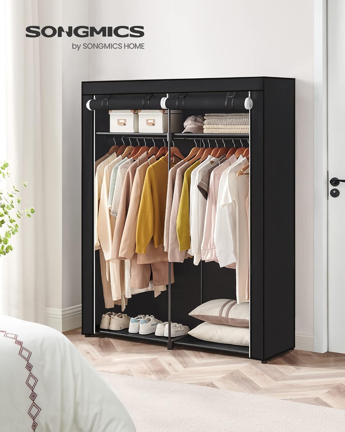 SONGMICS Portable Closet Wardrobe - Non-Woven Fabric Cover Clothes Organizer, 55.1" x 16.9" x 68.5", Black