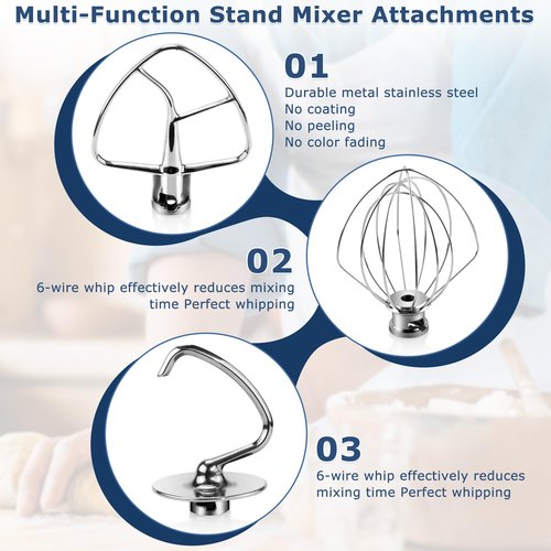 Stainless Steel Attachments for Kitchen Aid 4.5-5 QT Tilt-Head Stand Mixers,3-Piece Mixers Accessories with K45WW Wire Whip, K45DH Dough Hook, K45B Flat Blade Paddle by TOMOON