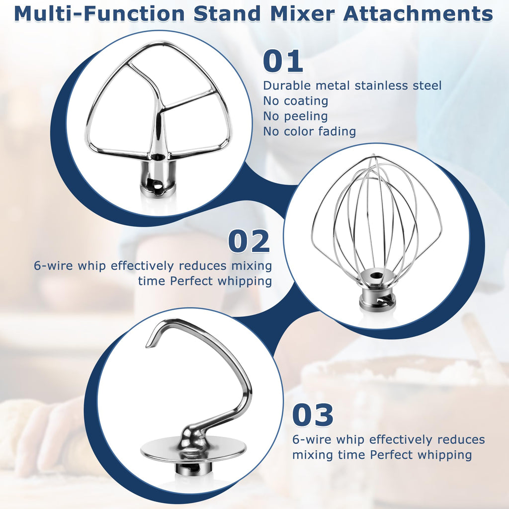 Stainless Steel Mixer Attachments for Kitchen Aid 4.5-5 QT Tilt-Head,3-Piece Heavy Duty Metal Accessories,K45WW Wire Whisk,K45DH Dough Hook,K45B Flat Beater Paddle (NO Coating to Peel) by TOMOON