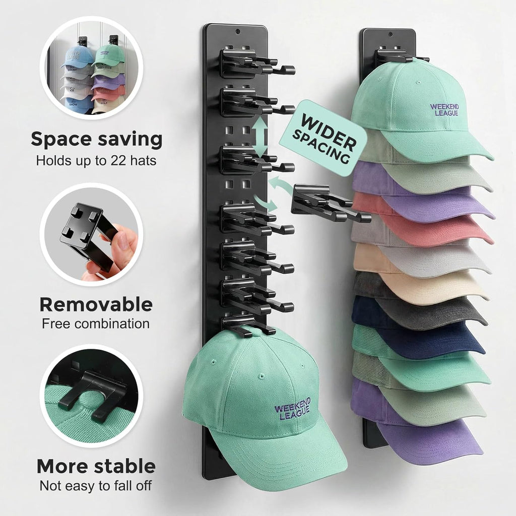Skiennix Hat Organizer - 2 Pack Detachable DIY Rack Holds Up to 22 Baseball Caps | Black