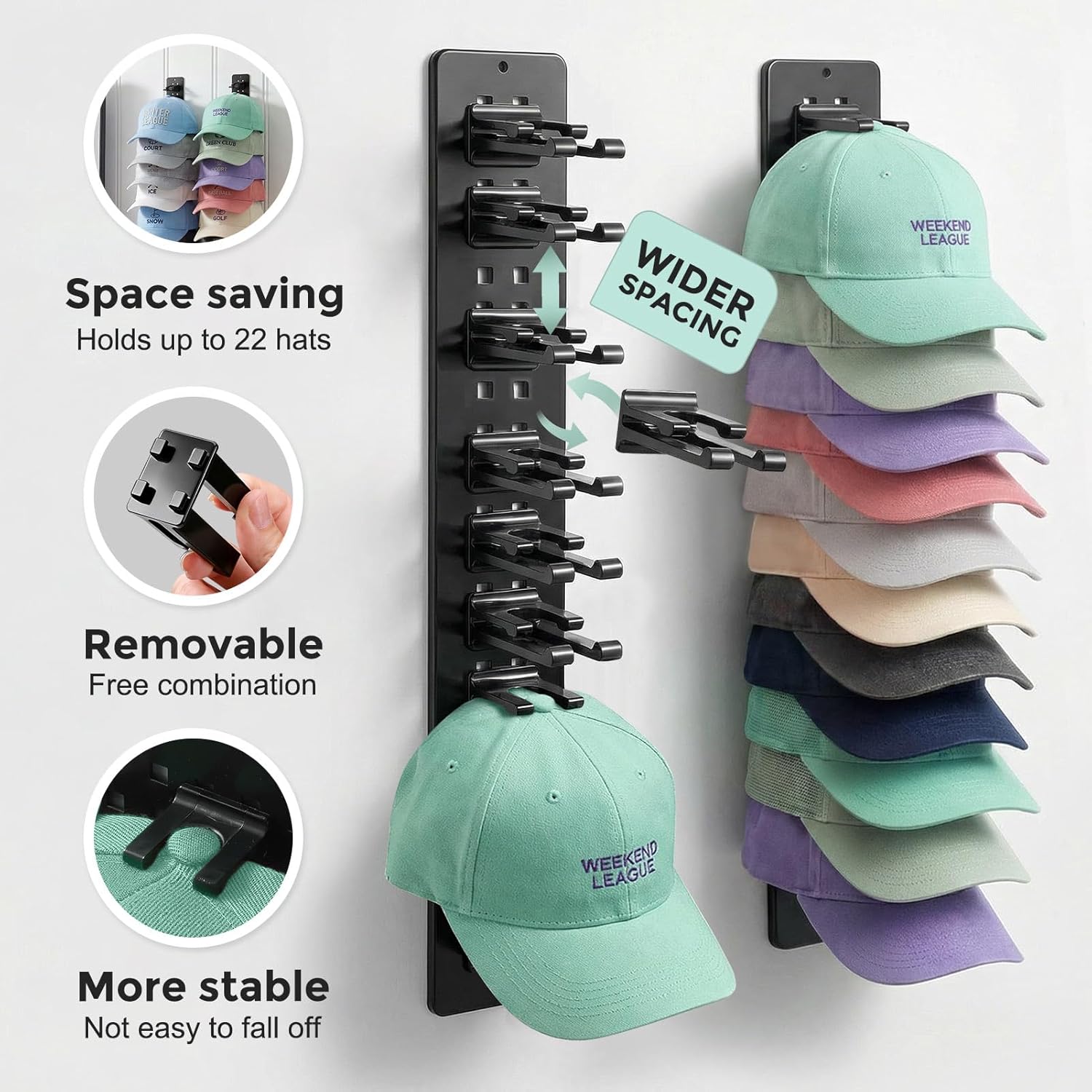 Skiennix Hat Organizer - 2 Pack Detachable DIY Rack Holds Up to 22 Baseball Caps | Black