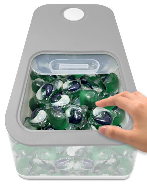 TidyFriend Laundry Pods Container with Slide Lid, 15"x8.7"x4.5", Airtight Storage Keeps Pods Fresh, Holds 9–10 lbs or 100–130 Pods, Laundry Detergent Container & Dishwasher Pod Holder (Clear & Grey)