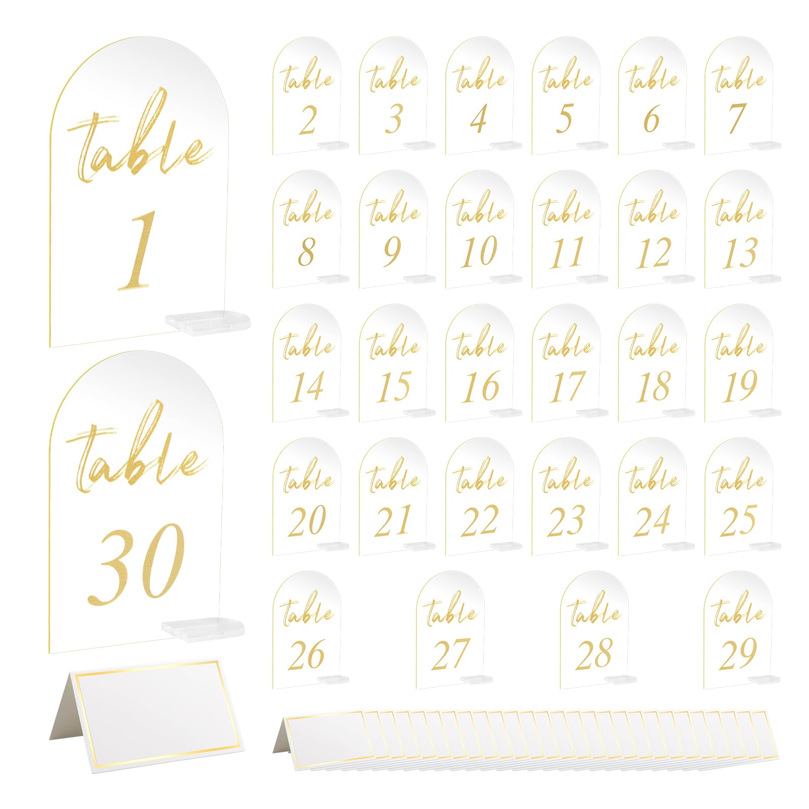 30 Sets Arch Wedding Table Numbers with Stands Gold Printed 1-30 Table Signs Clear Acrylic Table Number Display Stand for Wedding Reception Party Centerpieces Decor (4 x 6 Inch)