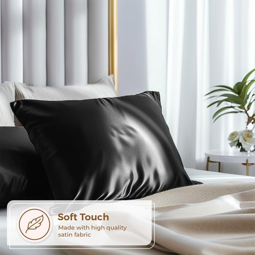 Pure Bedding Satin Pillowcase 2 Pack - Queen Size (20"x30", Black) - Silky Pillow Cases for Hair and Skin - Satin Pillow Covers with Envelope Closure - Extra Soft Premium Microfiber