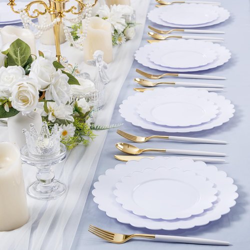 SUT 72-Pack 10.25 Inch White Heavy Duty Plastic Dinner Plates, Disposable Plates, Scallop Plates for Parties, Events, and Occasions
