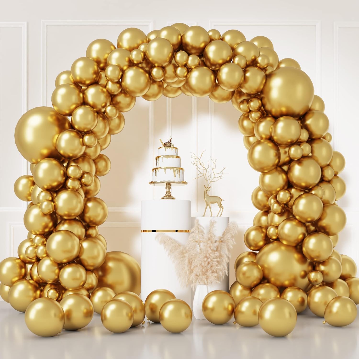 RUBFAC Metallic Gold Balloon Arch Kit - 149pcs Latex Balloons in 5-18 Inch Sizes for Parties & Events