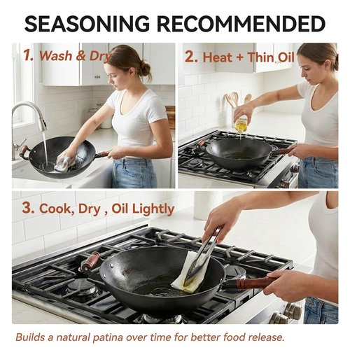 WANGYUANJI 14.2 Inch Cast Iron Wok with Wooden Lid & Handle, Flat Bottom Stir Fry Wok Pan, Turtle-Pattern Textured Uncoated Large Wok Skillet for Induction, Gas & Electric (Seasoning Required)