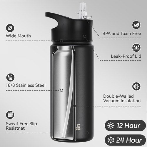 HASLE OUTFITTERS Insulated Water Bottle - 16 oz Double Wall Stainless Steel | Leak-Proof, Wide Mouth, Black