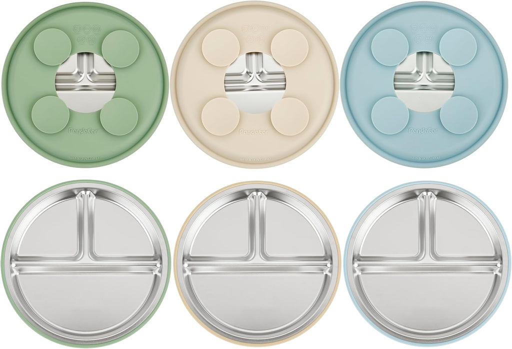 PandaEar Stainless Steel Baby Suction Plates - Non-Slip Divided Toddler Feeding Set | 3 Pack (Blue/Green/Brown)