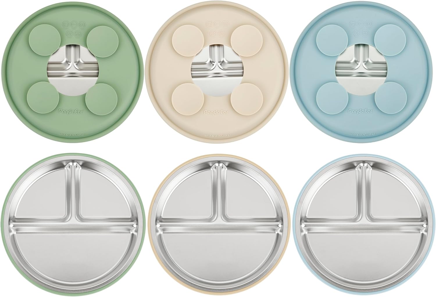 PandaEar Stainless Steel Baby Suction Plates - Non-Slip Divided Toddler Feeding Set | 3 Pack (Blue/Green/Brown)