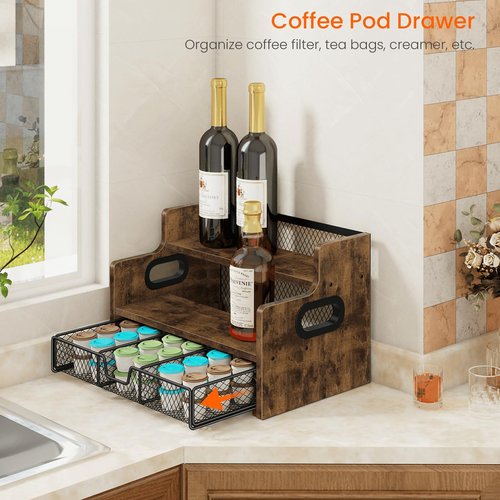 Homode Coffee Syrup Rack Organizer, 3-Tier 8 Bottles Syrup Holder Stand with 35 K Cup Storage Basket Drawer for Coffee Bar, Wood Liquor Shelf Wine Rack Countertop for Home, Rustic Brown