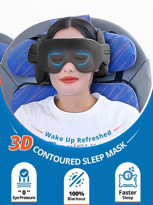 SARISUN Travel Pillow Combo with Chin Strap, Airplane Pillows with 3D Eye Mask for Sleeping, 360° Support Plane Head Strap for All Plane Seats, Long Flights Essentials, Stop Bobblehead, Black