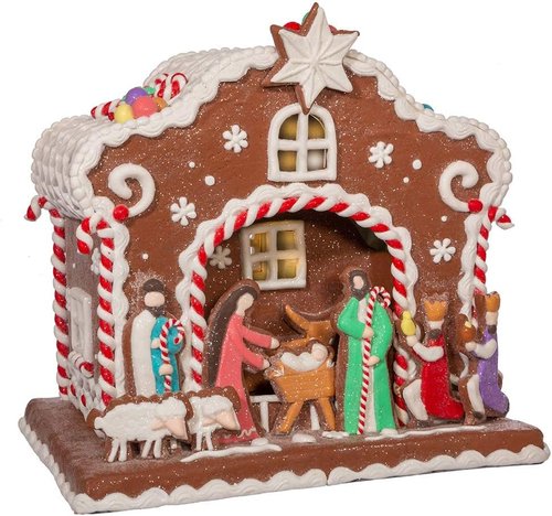 Kurt S. Adler 12.5-Inch Light-Up Nativity Gingerbread House - Battery Operated Holiday Decor