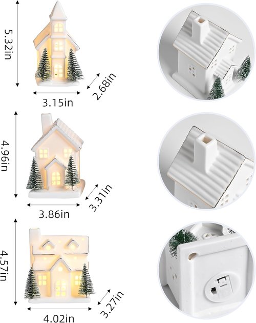 AOMOONOA Ceramic Christmas Village Houses - 3-Piece Light-Up Porcelain Set with 6 Trees | Holiday Home Decor
