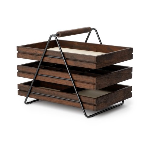 Umbra 1004037-048 Terrace Jewelry Tray – Three-Tier Jewelry Tray With Three Sliding Linen Lined Wood Trays With Metal Frame and Handle, Easy Storage and Access, Black/Walnut Finish