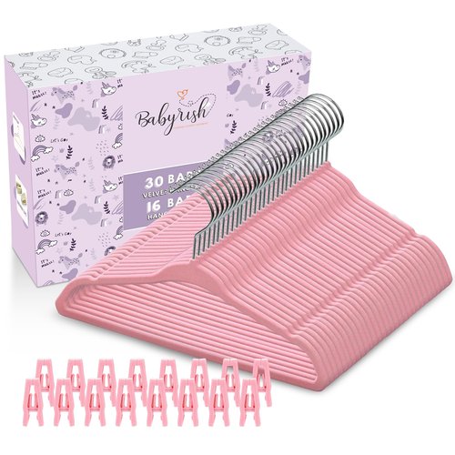 Babyrish Velvet Baby Hangers with Clips (30 Pack) | 11” Ultra-Slim Baby Clothes Hangers | Non-Slip Felt | Space-Saving Nursery & Infant Closet Organizer | Pink
