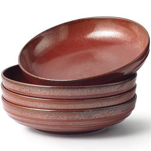 HAPPY KIT 9'' Large Pasta Bowls, 42 Oz, Stoneware Reactive Glaze Salad Bowl Set of 4, Ceramic Serving Bowls for Fruit,Soup,Noodle, Dinner, Scratch Resistant, Rust Red