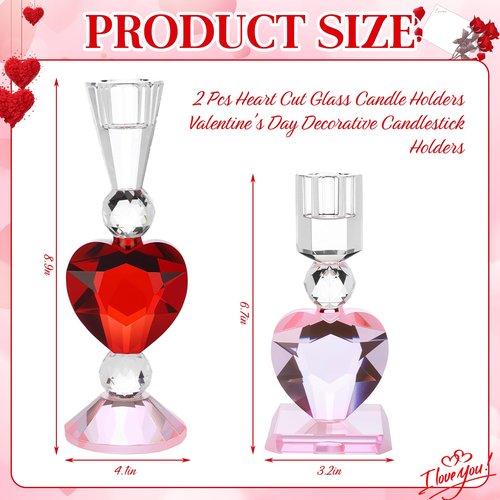 Reallnaive 2 Pcs Heart Cut Glass Candle Holders Valentine's Day Decorative Candlestick Holders 6.7" 8.9" Tapered Candle Stand Wide Base Table Centerpiece Decor for Wedding Christmas Holiday Decoration
