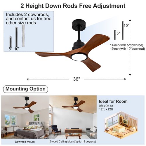 VCQQ 36 Inch Ceiling Fans with Lights and Remote, 3 Blade Wood Ceiling Fan with Light, Modern Indoor Outdoor Black Ceiling Fan for Patio Porch Bedroom Office, Dimmable, Reversible DC Motor