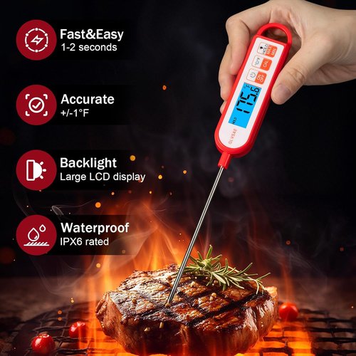 GLVSAE Digital Meat Thermometer - Instant Read in 1-2 Seconds | Waterproof Extended Probe for Cooking & BBQ