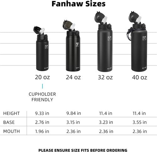 Fanhaw 20 oz Insulated Stainless Steel Water Bottle - Leakproof Straw Lid | Durable Sports Bottle (Black)