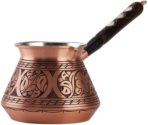 DEMMEX 15 Oz Thickest Copper Turkish Greek Arabic Coffee Pot, Stovetop Coffee Maker, Cezve Ibrik Briki with Wooden Handle & Spoon, Hand Engraved (Matte Copper, 6 Servings)