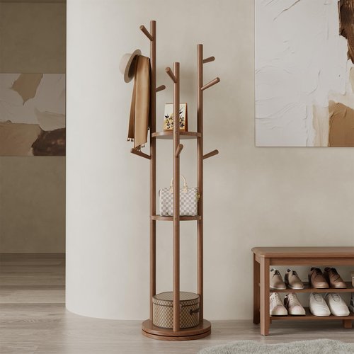 Muwuele Solid Wood Rotary Coat Rack, Freestanding Coat Rack with 3 Shelves and 9 Hooks, Coat tree for Bedroom, Entryway, Livingroom, Coat Hanger Stand for Coats, Scarves, Handbags (Walnut)