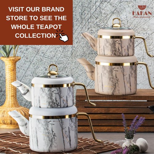 Hakan Melody Turkish Tea Pot Set | 3.5 L Tea Kettles for Stovetop with Stainless Steel Handless and Glass Lid | Aluminum Body Tea Maker | Double Stovetop Kettles with Granite Cover, White 3.6 qt