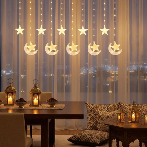 Fadraney Ramadan Curtain String Lights, 110 LED Warm White Window Lights with 10 Hanging Star & Moon Ornaments, 8 Modes Plug-in Star Moon Window Decor for Ramadan Eid Mubarak Home Balcony Mandir