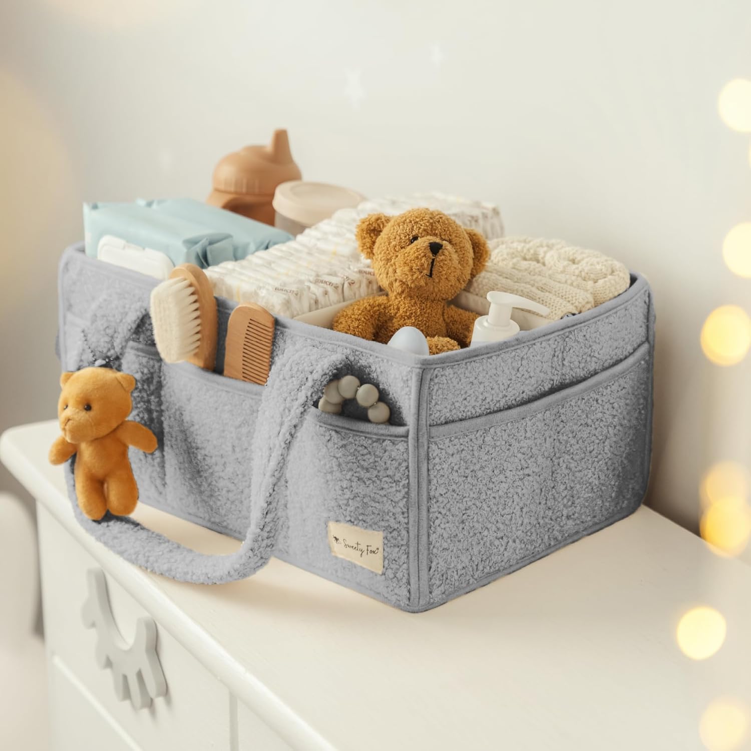 Sweety Fox Baby Diaper Caddy Organizer - Portable Sherpa Nursery Basket | Grey Car Diaper Organizer & Gift