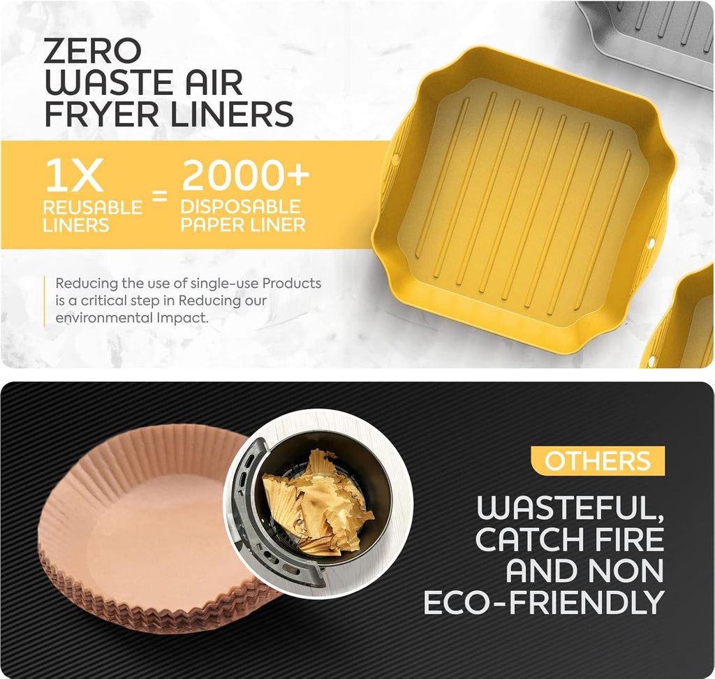 Zip Standing Reusable Silicone Air Fryer Liners - 7.5" Square for 4-7QT Air Fryers with Handles & Holes