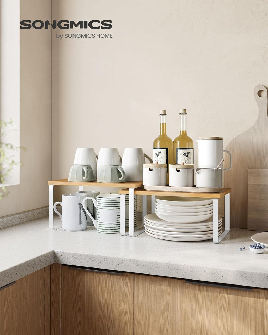 SONGMICS Kitchen Organizer Shelves - Set of 2 Stackable Spice Racks in Cloud White & Natural Beige