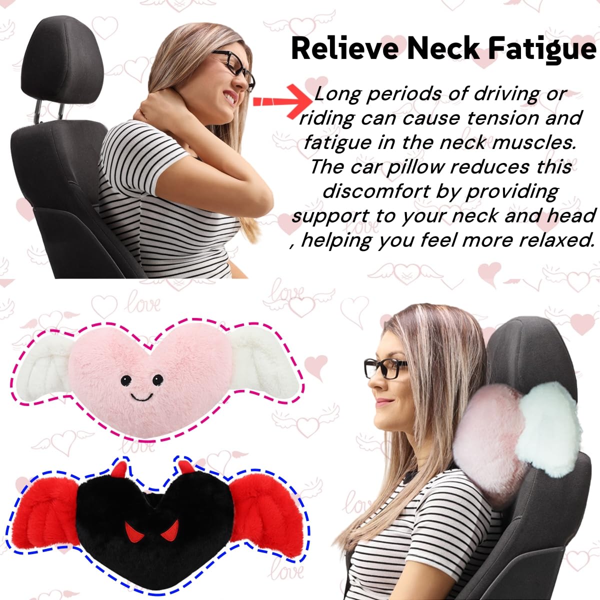 Sexysamba 2 Pcs Heart Shaped Car Headrest Pillow Devil & Angel Wings Neck Pillow Cute Car Seat Decor Neck Support Cushions for Travel Sleeping, Driving, Home, Office, Black Devil
