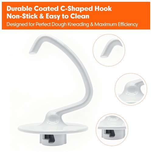 K45DH Dough Hook for KitchenAid 4.5–5 Quart Tilt-Head Stand Mixers, Coated C-Shaped Bread Hook Attachment, Replacement for K45 K45SS KSM90 KSM150, Kneads Pizza & Yeast Dough
