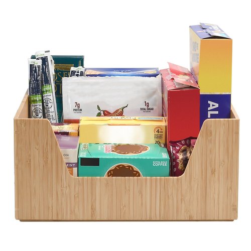 Bamboo Storage Box with Open Front Stackable Bin Organizer to use in kitchen pantries, cabinets and countertops, 14 x 11 x 6.5 inches