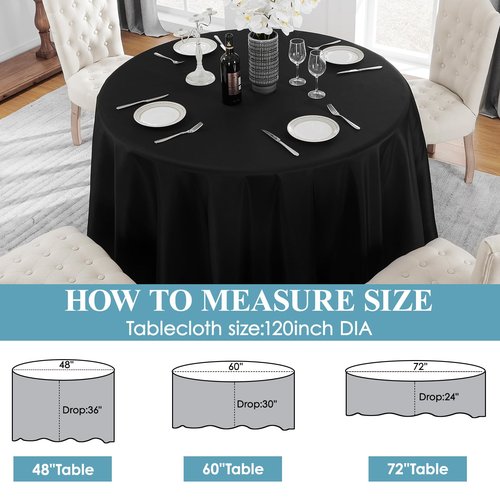 VidaFete 6 Pack 120inch Round Tablecloth Polyester Table Cloth，Stain Resistant and Wrinkle Polyester Dining Table Cover for Kitchen Dinning Party Wedding Rectangular Tabletop Buffet Decoration(Black)