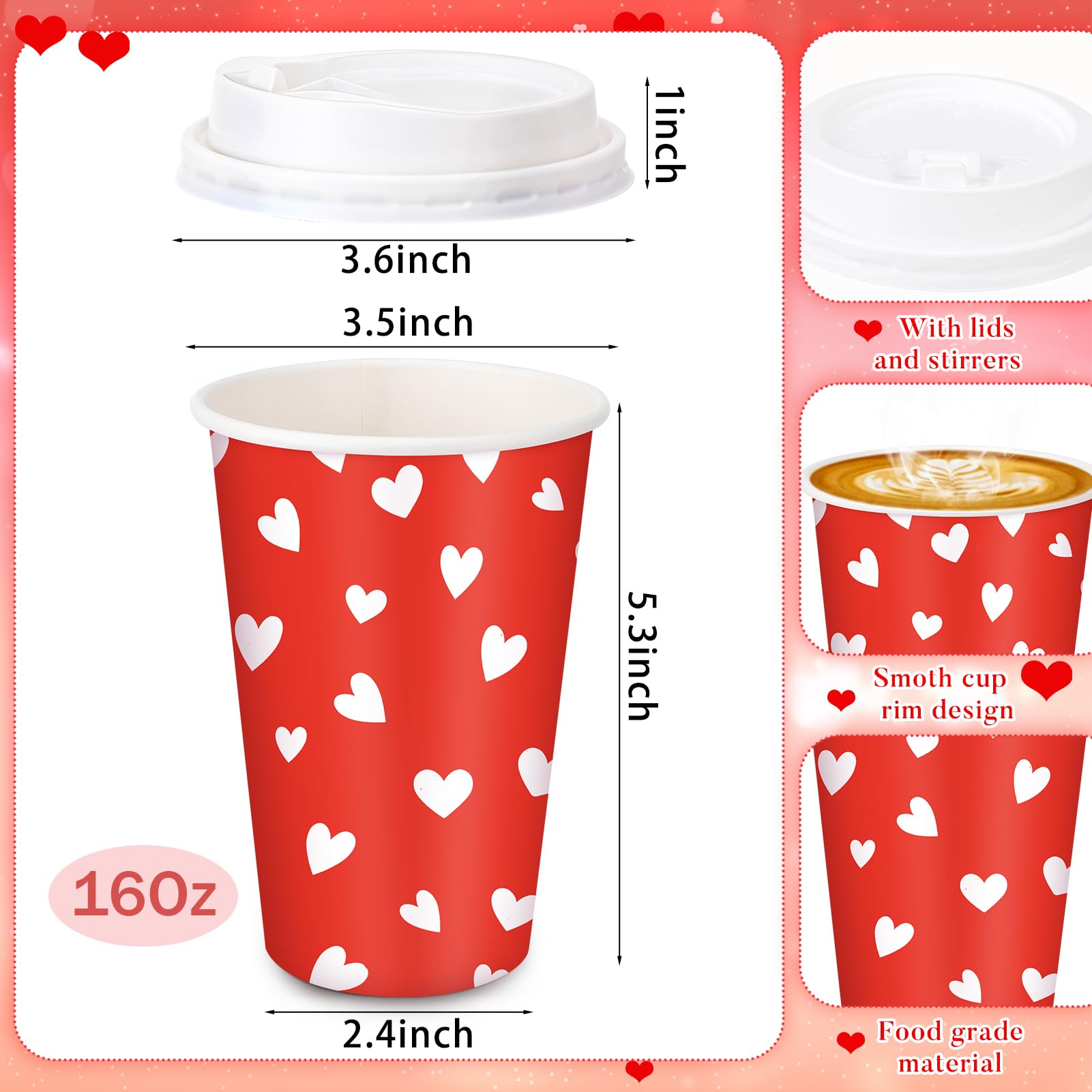 Ovveroche 100 Pack Valentine's Day Disposable Cups 16 oz Pink Red Hearts Bear Stripe Coffee Cups Wedding Anniversary Party Supplies for Hot Chocolate Cocoa Tea Coffee Bar Accessories