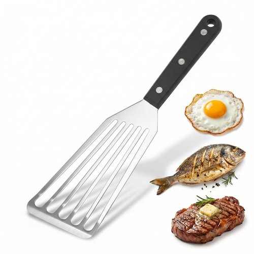 Stainless Steel Fish Spatula - 12.2 Inch Ideal Length Slotted Turner with High Heat Resistant PP Handle - Heavy Duty 1.2mm Thick Metal Flipper with Hanging Hole for Cooking & Grilling