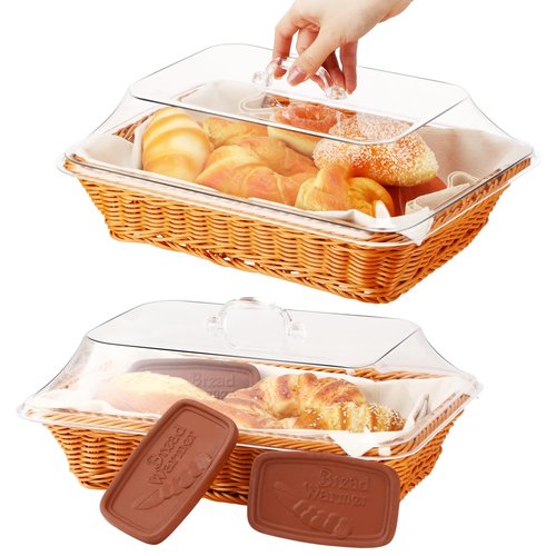 LemonRoad 14 x 10 x 6 Inch Bread Warmer Basket with Stone Sets Includes 1 Linen Towel 2 Bread Basket with Lid 3 Clay Warmer Stones for Winter Daily Camping Food Warming Housewarming Gifts