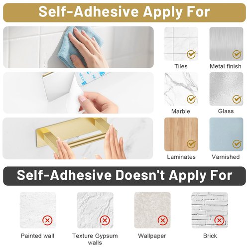 Brushed Gold Self Adhesive Toilet Paper Holder, Stainless Steel Bathroom Toilet Paper Holder Stick On Wall Mount, Commercial Toilet Paper Dispenser Peel and Stick Toilet Paper Holder Adhesive