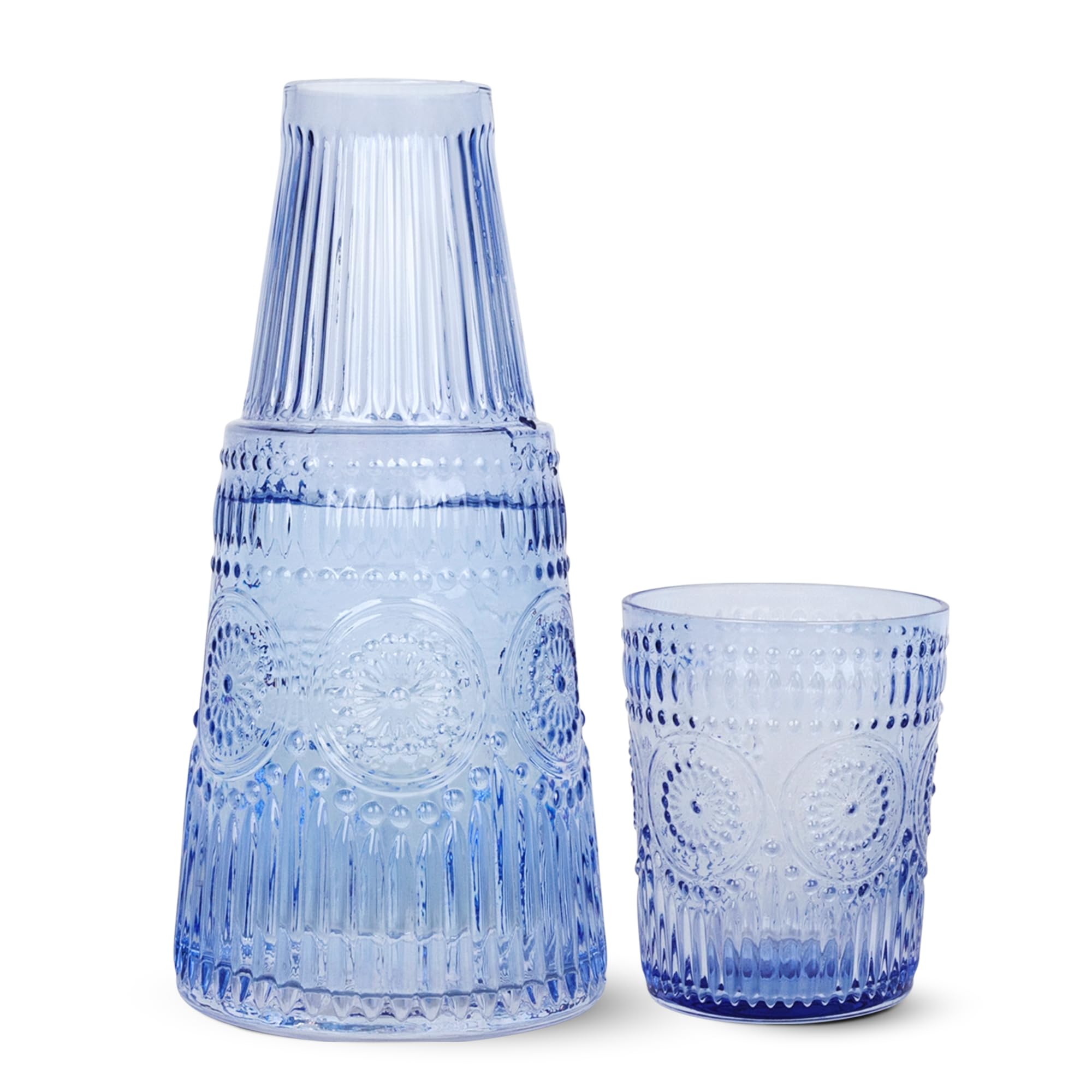 Elle Decor Bedside Water Carafe with Tumbler Set, 33 oz – Cobalt Blue Nightstand Pitcher with Matching Drinking Glass Lid for Guest Room, Office, Gifting Use – Elegant Glass Drinkware
