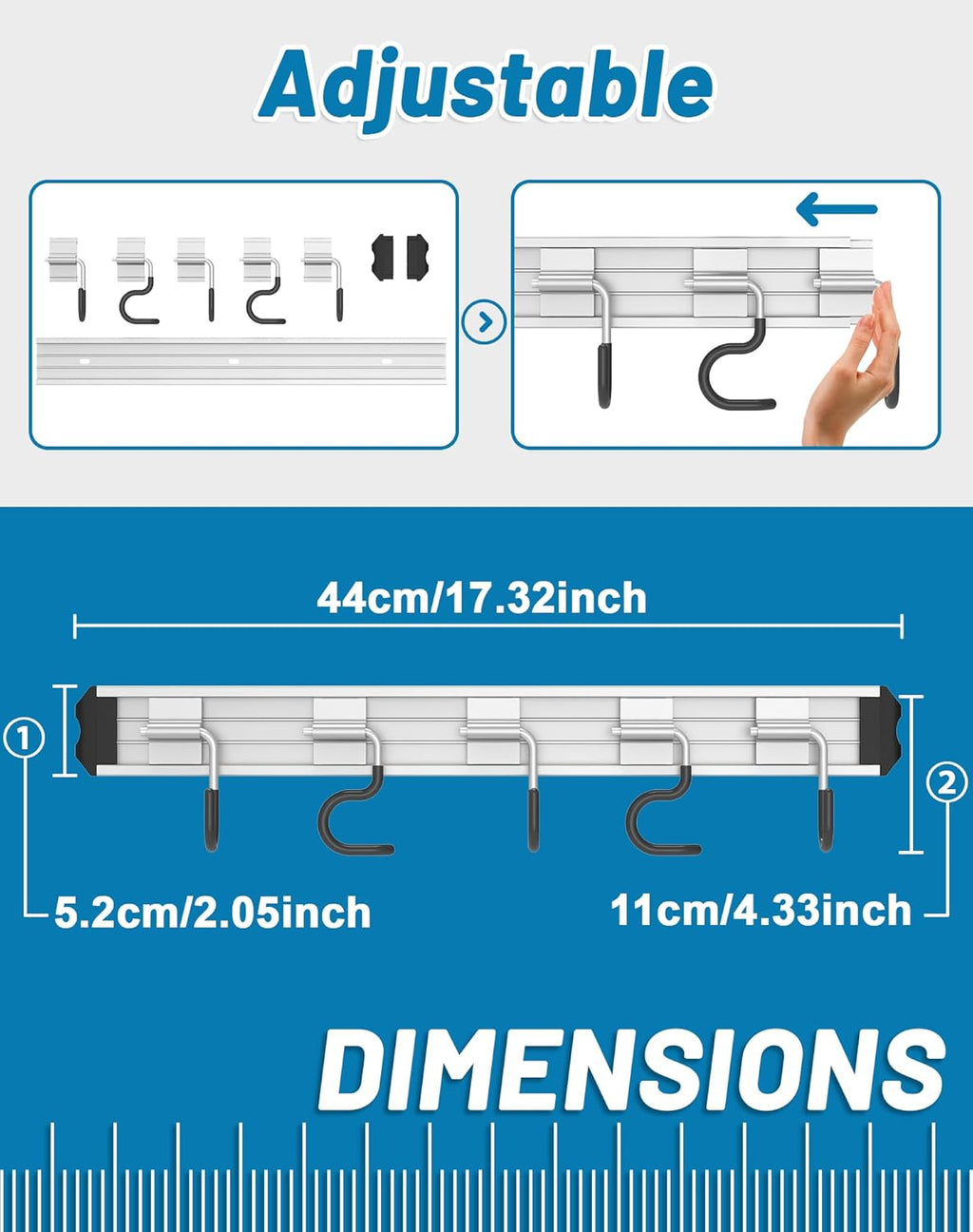 Skiennix Mop and Broom Holder - Wall-Mounted Organizer with Movable Hooks | Modern Aluminum Alloy, Black