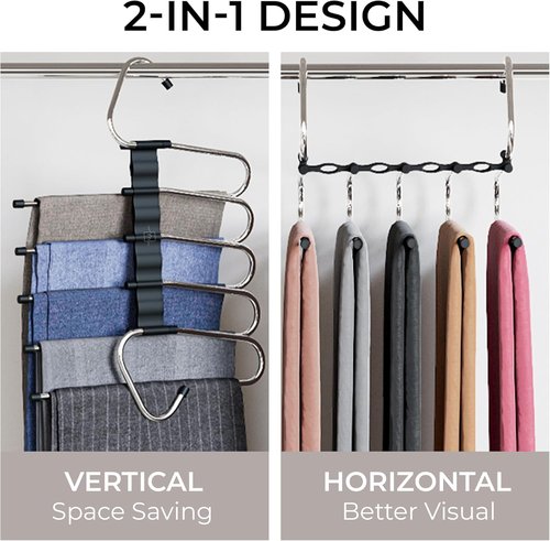 MORALVE Space-Saving Pants Hangers - Non-Slip Multi-Layer Design | 2 Pack for Jeans, Trousers & Skirts (Black)